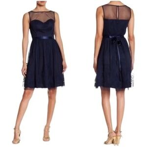 Eliza J Navy Mesh Illusion Bodice Cocktail Dress with Embroidered Hem Size S